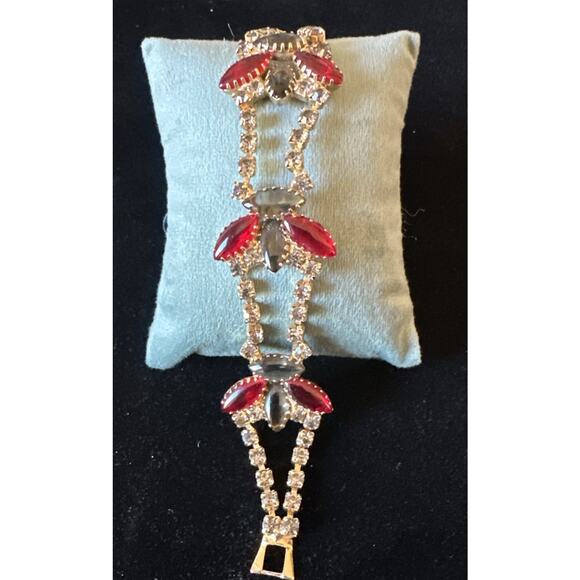 VTG Rhinestone Bracelet Red Clear Gray Stones Silver Tone 7” Timeless EUC - Picture 3 of 8
